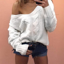 Load image into Gallery viewer, Autumn Women Knitted Sweater V Neck Pullover Off Shoulder Loose Sweaters Long Sleeve Jumper Warm Tops Female Clothing