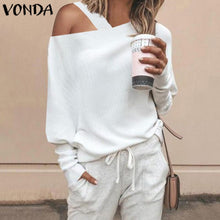 Load image into Gallery viewer, VONDA Women Sweater Knitwear Tops 2019 Autumn Long Sleeve Blouse Sexy Off Shoulder Knitted Pullover Thin Sweater Plus Size S-5XL