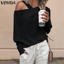 Load image into Gallery viewer, VONDA Women Sweater Knitwear Tops 2019 Autumn Long Sleeve Blouse Sexy Off Shoulder Knitted Pullover Thin Sweater Plus Size S-5XL