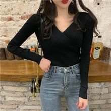 Load image into Gallery viewer, Mozuleva 2019 Autumn Winter Simple All-match V-neck Cross Women Pullovers Slim Female Knitted Sweater Tops Full Sleeve Jumpers