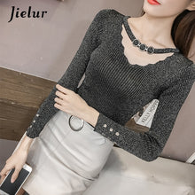 Load image into Gallery viewer, Jielur Autumn V-neck Buckles Hollow Lady's Sweater Long Sleeve OL Shine Knitted Sweater for Women Slim Basic Top Female