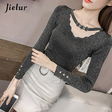 Load image into Gallery viewer, Jielur Autumn V-neck Buckles Hollow Lady's Sweater Long Sleeve OL Shine Knitted Sweater for Women Slim Basic Top Female