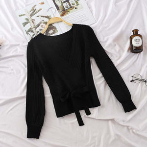 HELIAR Women Slim Bow Tie Winter Knitted Sweater V-Neck Crop Sexy Sweaters and Pullovers Lantern Sleeve All-Match Black T