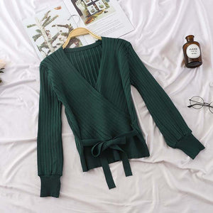 HELIAR Women Slim Bow Tie Winter Knitted Sweater V-Neck Crop Sexy Sweaters and Pullovers Lantern Sleeve All-Match Black T