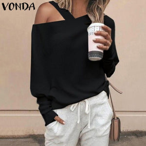 VONDA Women Sweater Knitwear Tops 2019 Autumn Long Sleeve Blouse Sexy Off Shoulder Knitted Pullover Thin Sweater Plus Size S-5XL