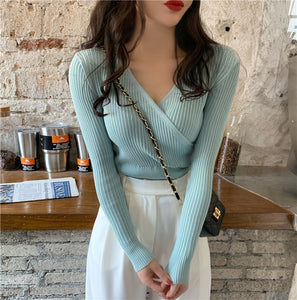 Mozuleva 2019 Autumn Winter Simple All-match V-neck Cross Women Pullovers Slim Female Knitted Sweater Tops Full Sleeve Jumpers