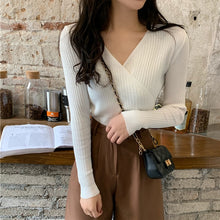 Load image into Gallery viewer, Mozuleva 2019 Autumn Winter Simple All-match V-neck Cross Women Pullovers Slim Female Knitted Sweater Tops Full Sleeve Jumpers
