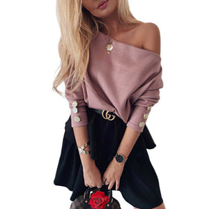 YELITE Sexy Off Shoulder Knitted Sweater Women Korean Pullovers Knitwear Loose female long sleeves 2020 clothes pink jumper pull