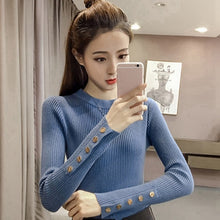 Load image into Gallery viewer, Women Knitted Sweater 2019 New Solid Knitted Female Cotton Soft Elastic Color Pullovers Button Full Sleeve Turtleneck
