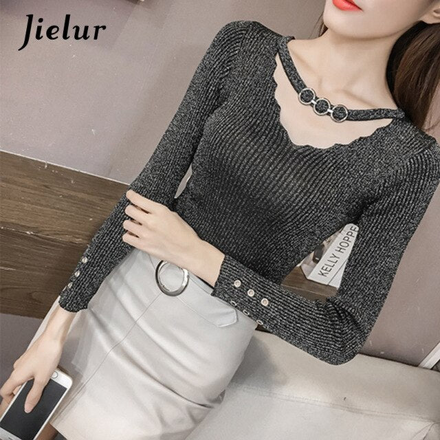 Jielur Autumn V-neck Buckles Hollow Lady's Sweater Long Sleeve OL Shine Knitted Sweater for Women Slim Basic Top Female