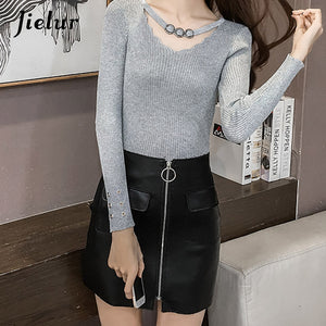 Jielur Autumn V-neck Buckles Hollow Lady's Sweater Long Sleeve OL Shine Knitted Sweater for Women Slim Basic Top Female