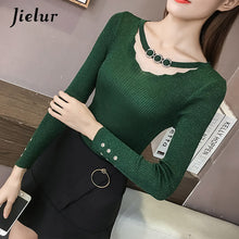 Load image into Gallery viewer, Jielur Autumn V-neck Buckles Hollow Lady&#39;s Sweater Long Sleeve OL Shine Knitted Sweater for Women Slim Basic Top Female
